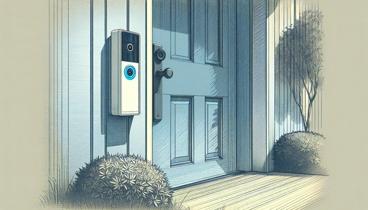 Smarte Tuerklingel mit Kamera an moderner Haustuer in Architekturzeichnung mit angedeutetem Garten im Hintergrund in Blautoenen