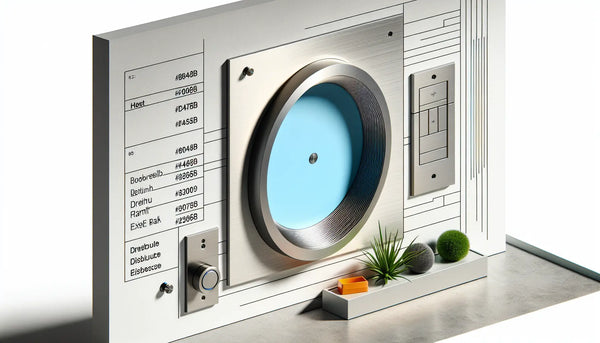 moderner eingangsbereich mit ring tuerlingel und aluminium klingelschild technische skizze in blau grau und orange
