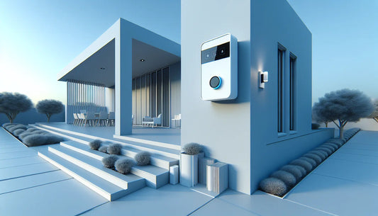 moderne videotuerklingel an weisser hauswand mit polynesian blue und orange web akzenten