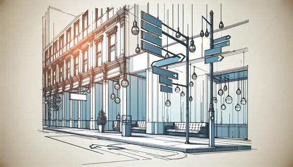 Moderne Straßenschilder als architektur skizze an weisser Wand im Büro mit schraubenakzent in polynesian blue