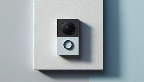 Moderne ring videotürklingel mit blauem licht auf weisser wand im architektur skizzenstil