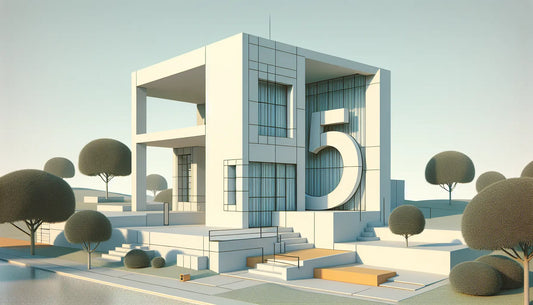 Modernes Haus auf Hügel mit grossen weissen Nummern 5 in Polyesian Blue an Fassade mit orangen Schraubenakzenten und minimalistischer gruener Landschaft