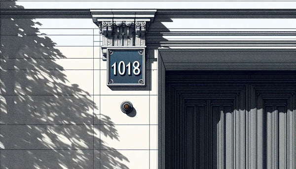 Hausnummernschild an heller Fassade ohne Dekoration mit Schraubenakzent in Polynesian Blue