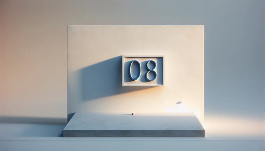 Moderne hausnummer aus mattblauem metall an weisser fassade mit sanfter abendbeleuchtung und reduziertem vorgartenbereich