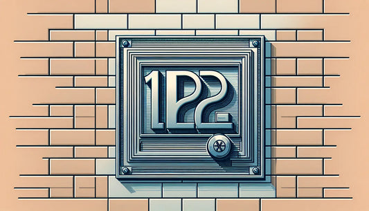 Hausnummernschild aus Edelstahl auf Backsteinfassade als technische Skizze mit klaren Linien und Schraubenakzent