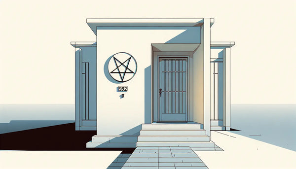 modernes hausnummernschild an weisser fassade mit stilisiertem pentagramm in technischen linien