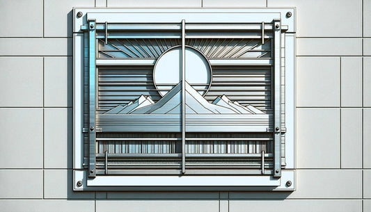 Kunstvolles Metallschild aus Edelstahl an weisser Fassade mit klaren Linien und Akzenten in Blau und Orange