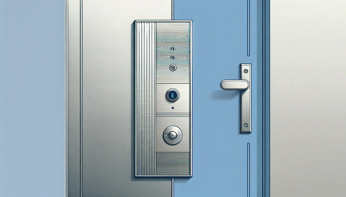 modernes klingelschild edelstahl auf haustuerplatte technische skizze mit schraubenakzent polynesian blue und platinum