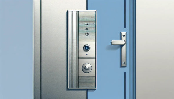 modernes klingelschild edelstahl auf haustuerplatte technische skizze mit schraubenakzent polynesian blue und platinum