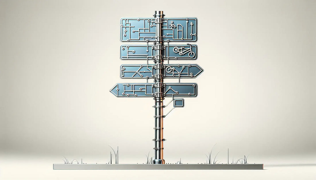 Technisches Straßenschild aus Edelstahl mit klaren Linien und Symbolen in Polynesian Blue auf hellem Hintergrund