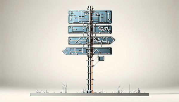 Technisches Straßenschild aus Edelstahl mit klaren Linien und Symbolen in Polynesian Blue auf hellem Hintergrund