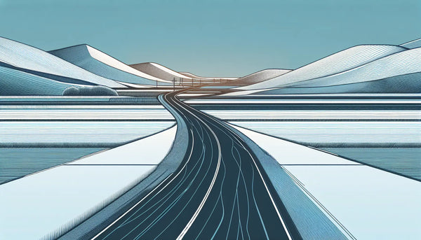Skizzierte Landstrasse mit scharfer Kurvenlinie von Mitte zum Rand in Blau auf hellem Hintergrund