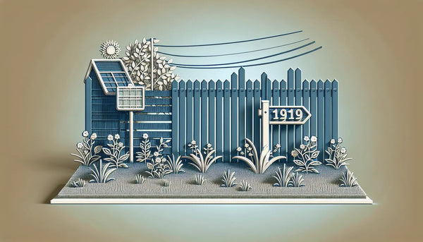 Solare Hausnummer auf modernem Gartenzaun in Polynesian Blue mit Akzent in Orange Web auf weissem Hintergrund