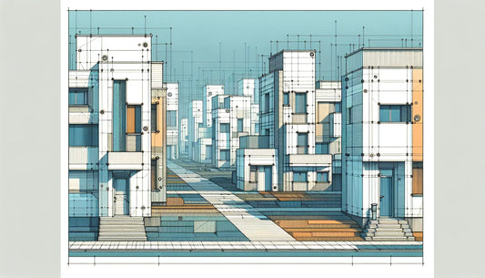 Reduzierte städtische Szene mit mehreren Hausnummern an Gebäuden in Polynesian Blue ruhige Architekturzeichnung