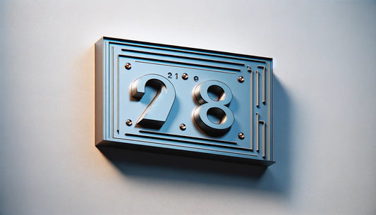 Edelstahl hausnummernschild mit klaren zahlen auf weisser wand mit schraubenakzenten in blauton