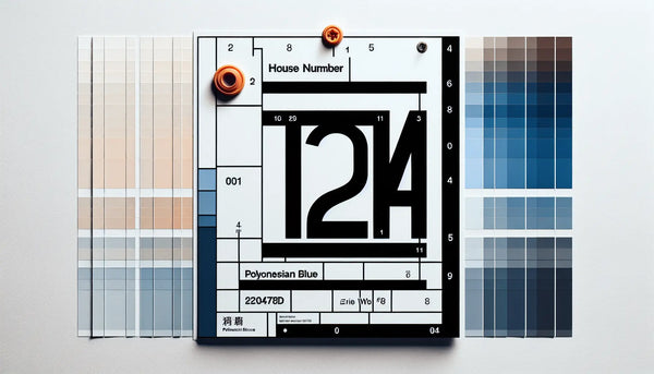Skizzierte hausnummer an weisser wand mit schraubenakzent in polynesian blue