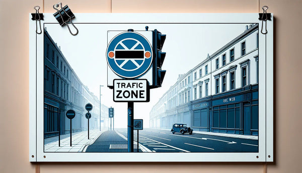 Verkehrszonenschild als technische Skizze auf heller Wand mit Schraubenakzenten in Polynesian Blue