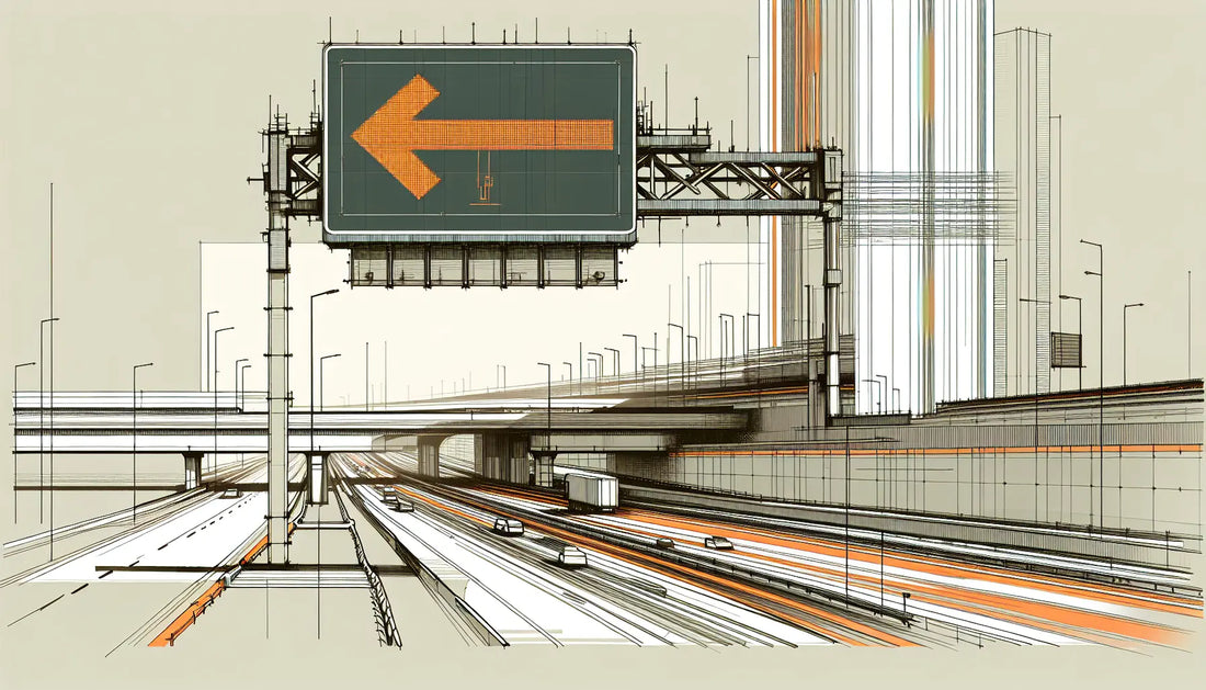 technische skizze eines digitalen autobahnschildes mit orangem pfeil auf schematischer autobaunstruktur in neutralen toenen