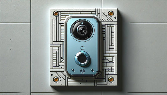 Technisch zeichnete moderne Video-Tuerklingel an glatter Wand mit Schraubenakzent in Blau und Orange