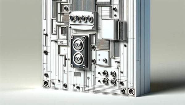 Moderne Hausfassade mit einheitlichem technischen Klingelschildsystem in Blautönen und Schraubenakzent auf weissem Hintergrund