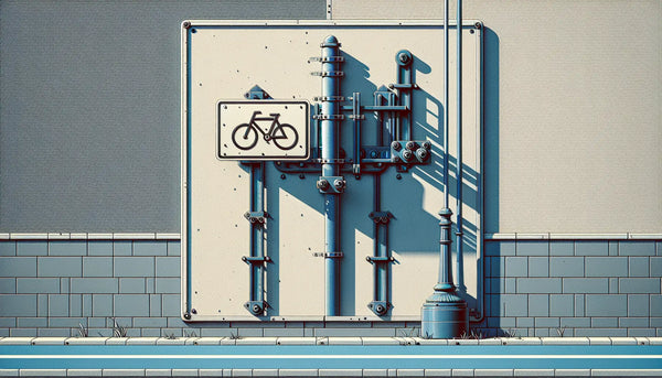 Modernes Straßenschild architektonisch skizziert auf glatter Wand neben Radweg konturlinien polynesian blue und orange web akzent