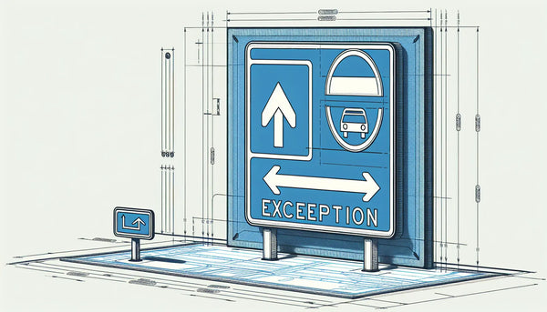 Architekturzeichnung eines Verkehrsschildes mit Zusatzzeichen an heller Wand in Blau und Orange