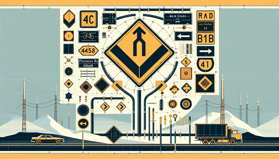 verschiedene deutsche verkehrszeichen technisches bild gelbe raute vorfahrtsstrasse hervorgehoben blaue linien orange akzente