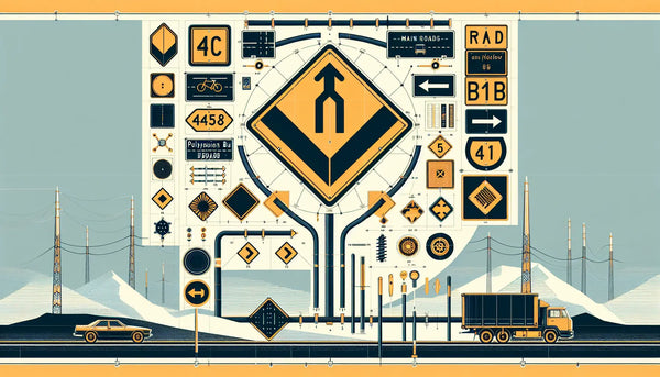 verschiedene deutsche verkehrszeichen technisches bild gelbe raute vorfahrtsstrasse hervorgehoben blaue linien orange akzente