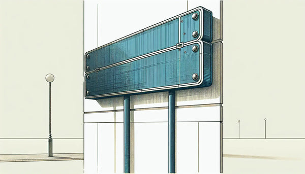 Skizzenhaftes metallisches straßenschild auf weisser wand mit schraubenakzent in blau und orange