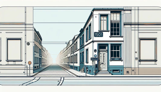 architekturzeichnung einer urbanen strassenansicht aus koeln mit hausnummer und strassenschild nummer 1501 in polynesian blue und orangen akzent