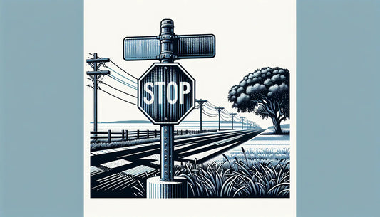 Technisches Stoppschild an ländlicher Kreuzung mit Platin Pfosten in Polynesian Blue auf weissem Hintergrund