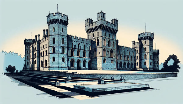 Architekturskizze von Windsor Castle bei Sonnenuntergang mit klaren Linien und reduzierten Flächen