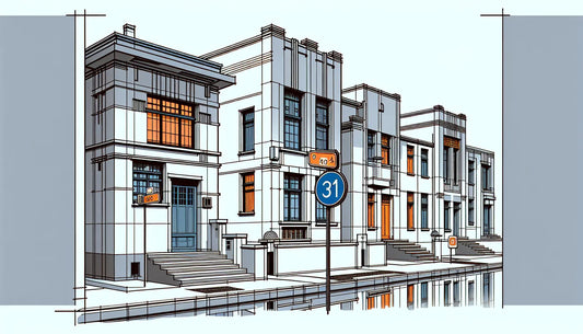 street facade with even house numbers on right odd numbers on left schematic building outlines in polynesian blue and orange accents