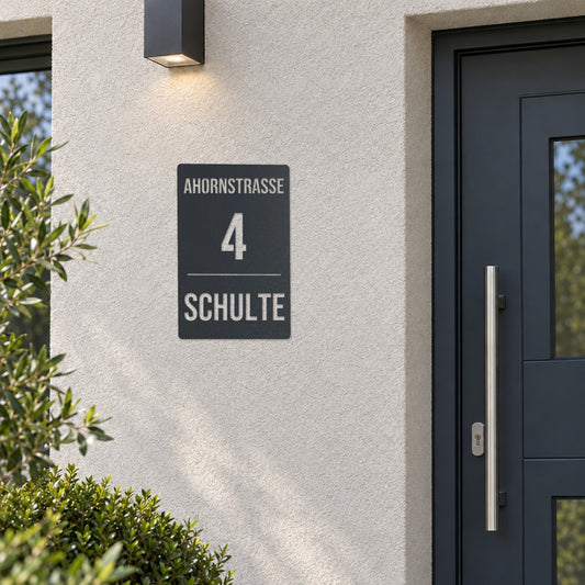 Edelstahl Hausnummernschild personalisiert – 3-zeiliges Hausnummernschild (Hochkant) „Ahornstraße 4 Schulte“ neben der Haustür, Edelstahl Anthrazit RAL 7016 · WesterWerk