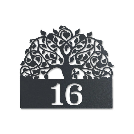 Edelstahl Hausnummernschild personalisiert – Baum des Lebens mit Nummer „16“, lasergeschnitten · WesterWerk