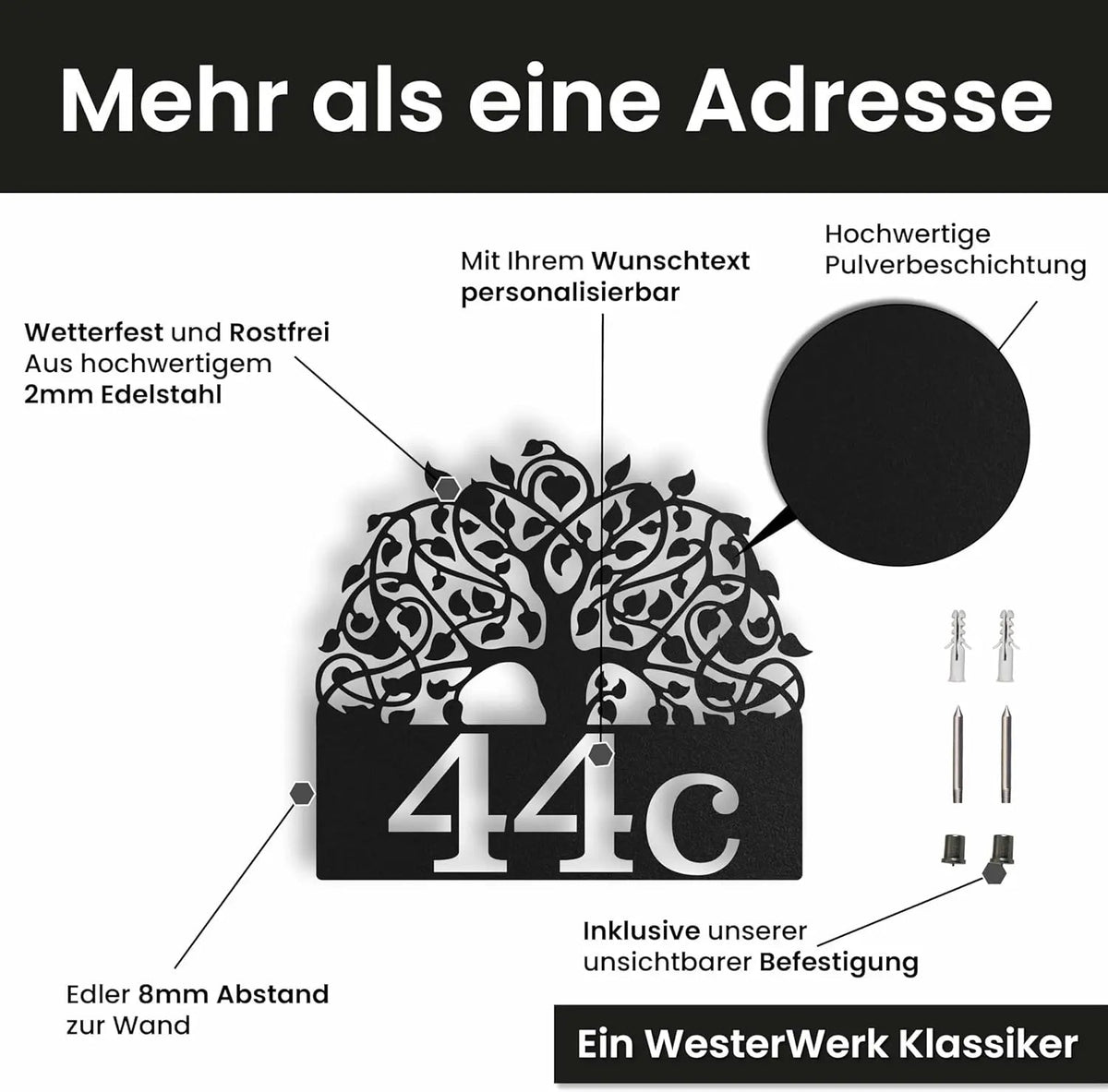 Edelstahl Hausnummer personalisiert – Baum des Lebens mit Nummer, lasergeschnitten · WesterWerk