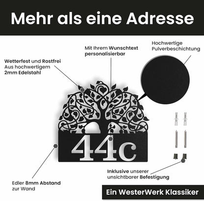 Edelstahl Hausnummer personalisiert – Baum des Lebens mit Nummer, lasergeschnitten · WesterWerk