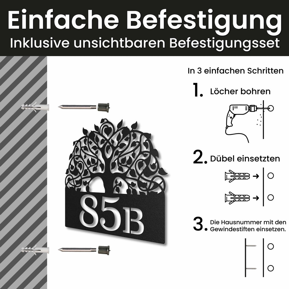 Edelstahl Hausnummer personalisiert – Baum des Lebens mit Nummer, Montage mit unsichtbarem Befestigungsset · WesterWerk