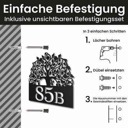 Edelstahl Hausnummer personalisiert – Baum des Lebens mit Nummer, Montage mit unsichtbarem Befestigungsset · WesterWerk