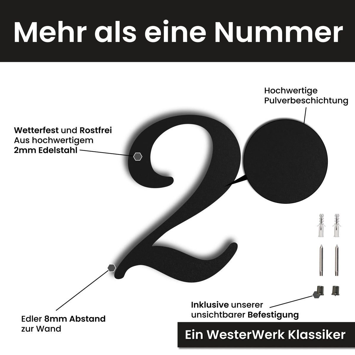 Edelstahl Hausnummer personalisiert – Geschwungene Hausnummer, mit Wunschnummer und Wunschtext gestalten · WesterWerk