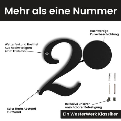 Edelstahl Hausnummer personalisiert – Geschwungene Hausnummer, mit Wunschnummer und Wunschtext gestalten · WesterWerk