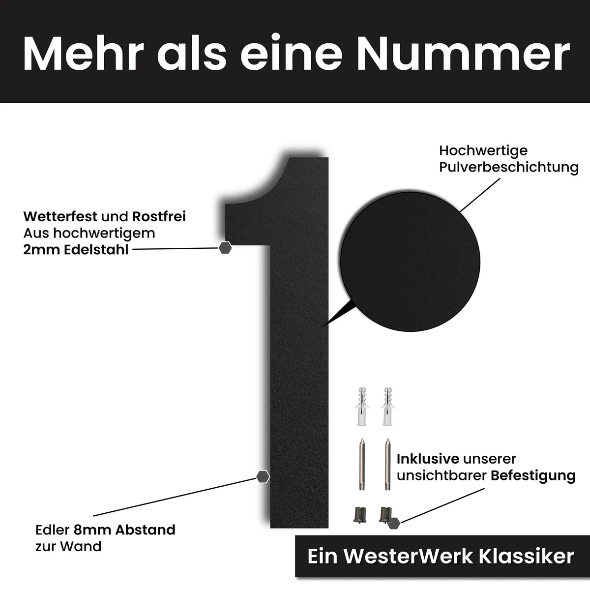 Edelstahl Hausnummer personalisiert – Gewagte Hausnummer, mit Wunschnummer und Wunschtext gestalten · WesterWerk