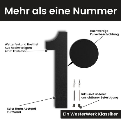 Edelstahl Hausnummer personalisiert – Gewagte Hausnummer, mit Wunschnummer und Wunschtext gestalten · WesterWerk