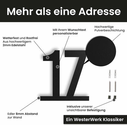 Edelstahl Hausnummer personalisiert – Hausnummer auf Linie, lasergeschnitten · WesterWerk
