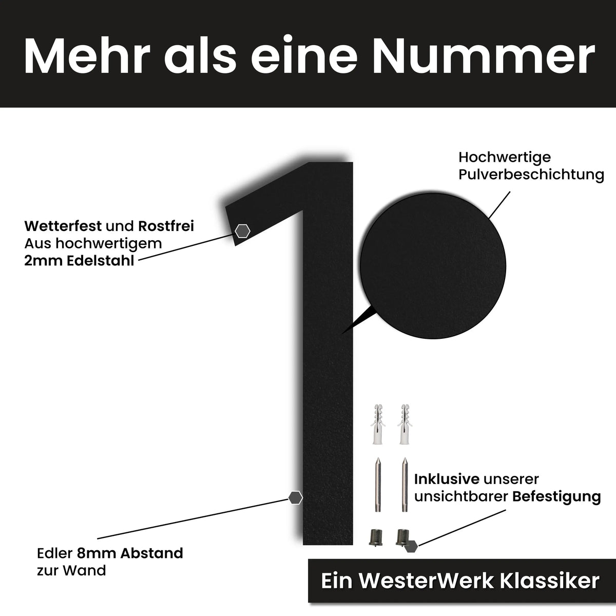 Edelstahl Hausnummer personalisiert – Moderne Hausnummer, mit Wunschnummer und Wunschtext gestalten · WesterWerk
