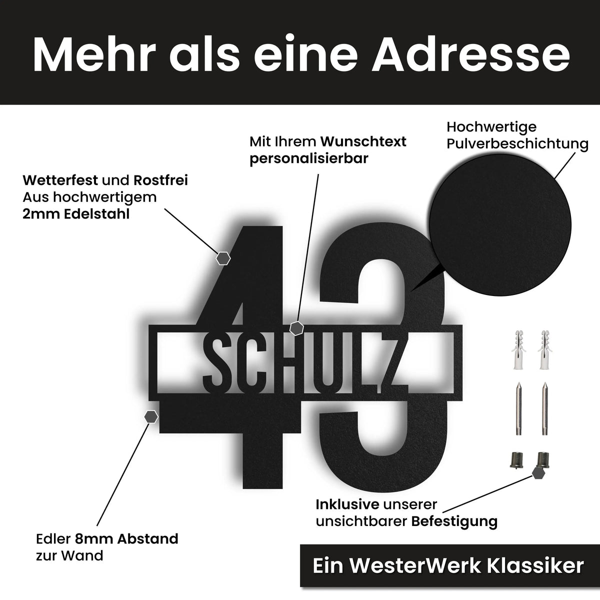 Edelstahl Hausnummer personalisiert – Name vor der Nummer, mit Wunschnummer und Wunschtext gestalten · WesterWerk