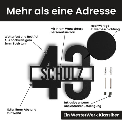 Edelstahl Hausnummer personalisiert – Name vor der Nummer, mit Wunschnummer und Wunschtext gestalten · WesterWerk