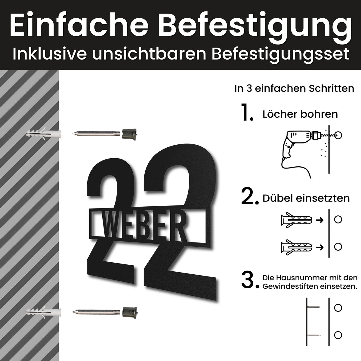Edelstahl Hausnummer personalisiert – Name vor der Nummer, Montage mit unsichtbarem Befestigungsset · WesterWerk