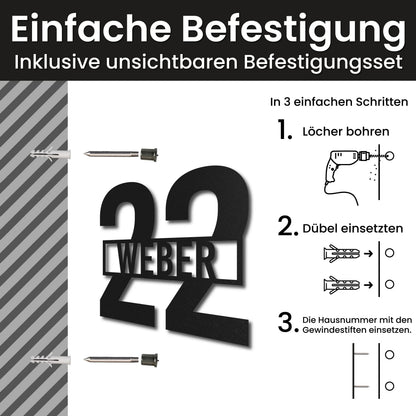 Edelstahl Hausnummer personalisiert – Name vor der Nummer, Montage mit unsichtbarem Befestigungsset · WesterWerk