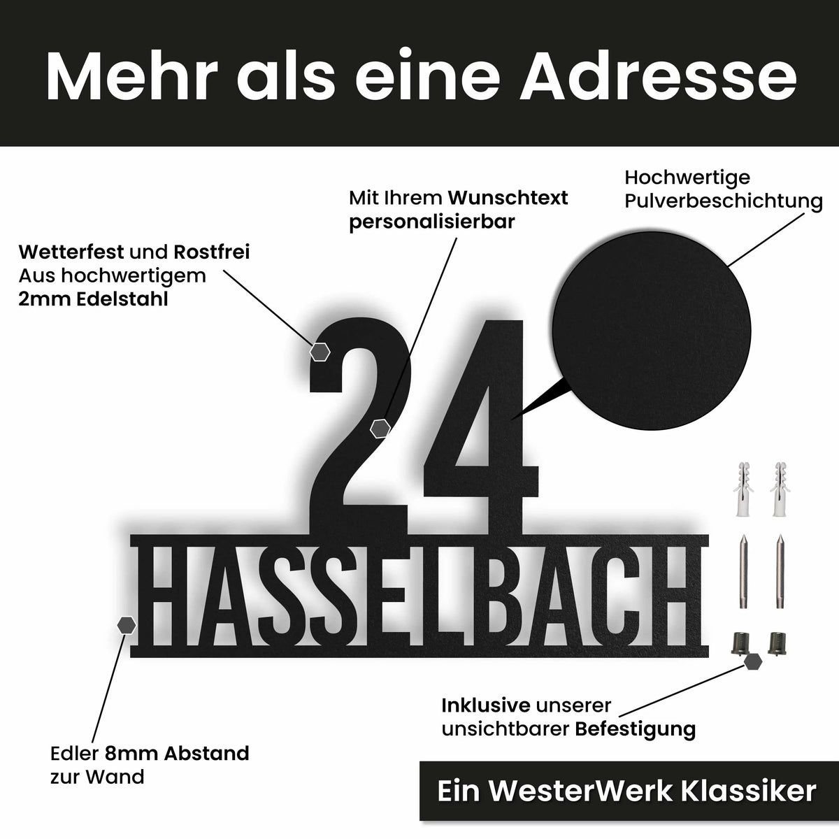 Edelstahl Hausnummer personalisiert – Stolze Nummer auf Namen, mit Wunschnummer und Wunschtext gestalten · WesterWerk